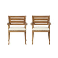 2 piece outdoor acacia wood dining chair set with cushions in a teak finish on a patio