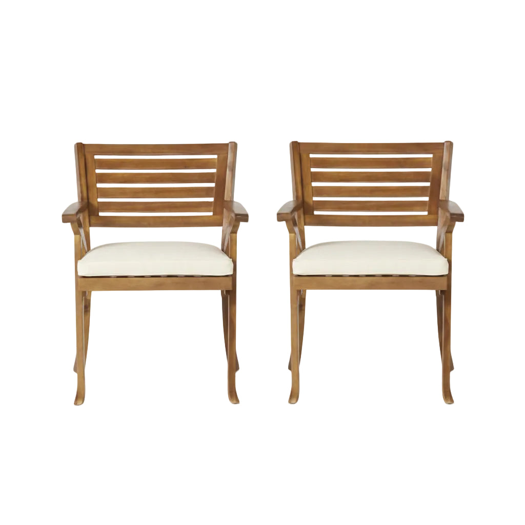 2 piece outdoor acacia wood dining chair set with cushions in a teak finish on a patio