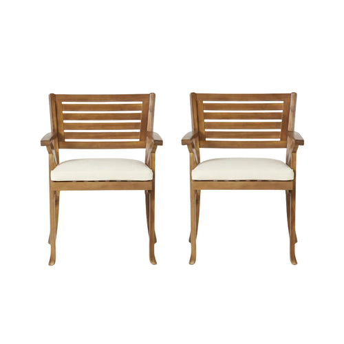 2 piece outdoor acacia wood dining chair set with cushions in a teak finish on a patio