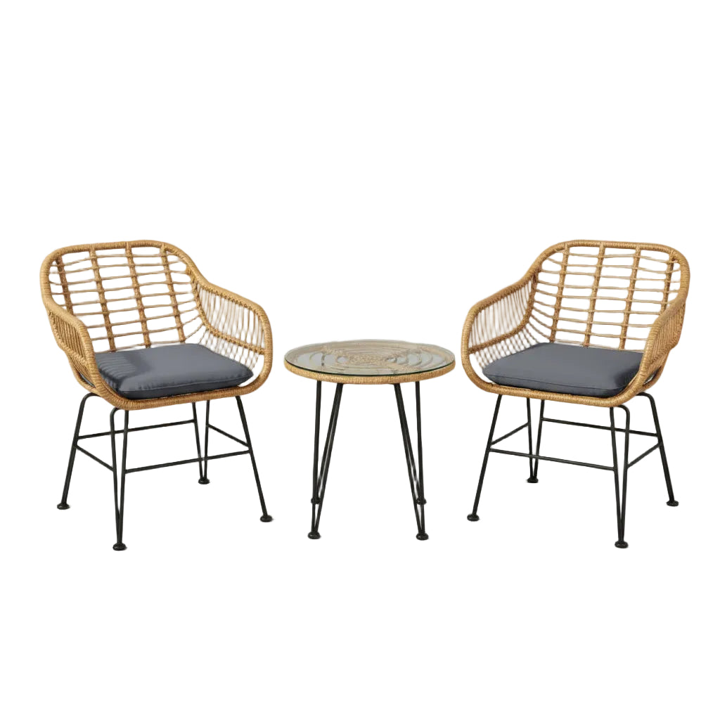 3-piece outdoor PE rattan bistro furniture set with cushioned chairs and tempered glass coffee table on a patio