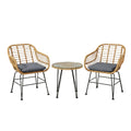 3-piece outdoor PE rattan bistro furniture set with cushioned chairs and tempered glass coffee table on a patio