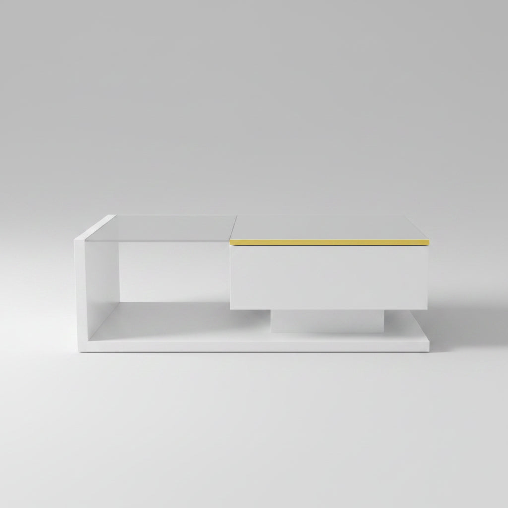 Modern 90cm high gloss white coffee table featuring an ambient blue LED light strip under a transparent tempered glass top in a minimalist living room.