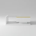 Modern 90cm high gloss white coffee table featuring an ambient blue LED light strip under a transparent tempered glass top in a minimalist living room.