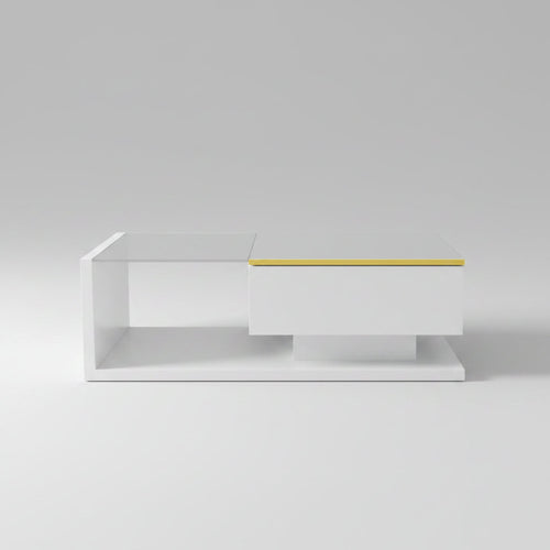 Modern 90cm high gloss white coffee table featuring an ambient blue LED light strip under a transparent tempered glass top in a minimalist living room.
