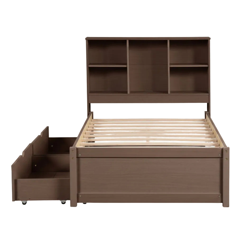 Brown wooden bed with storage drawers and bookshelves on a white background
