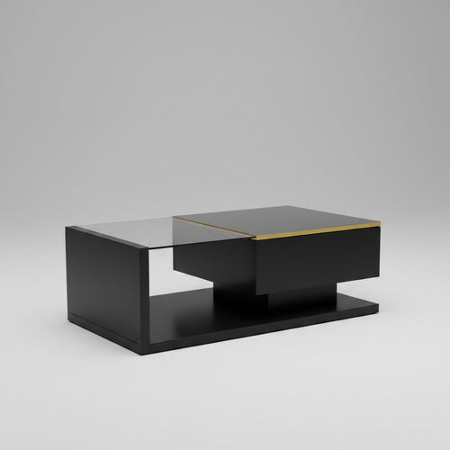Black coffee table with decorative items in a living room setting