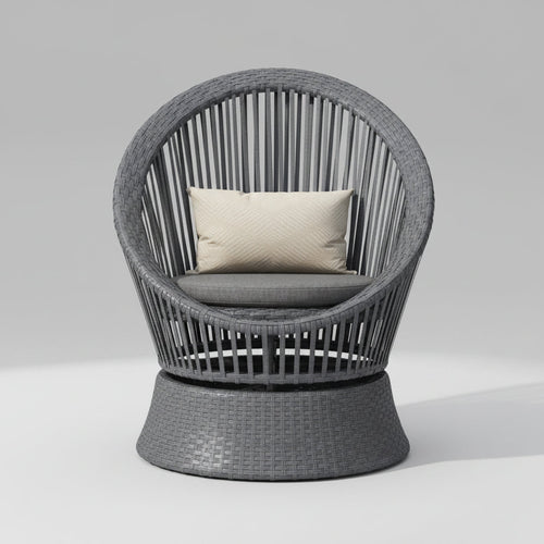Modern gray wicker lounge chair with cushion and iron frame 