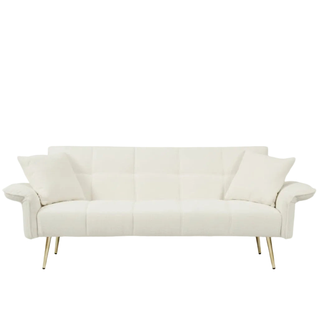 Modern 70 inch beige velvet convertible futon sofa bed with adjustable armrests shown in a living room setting