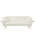 Modern 70 inch beige velvet convertible futon sofa bed with adjustable armrests shown in a living room setting