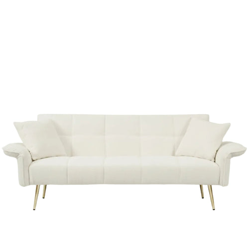 Modern 70 inch beige velvet convertible futon sofa bed with adjustable armrests shown in a living room setting