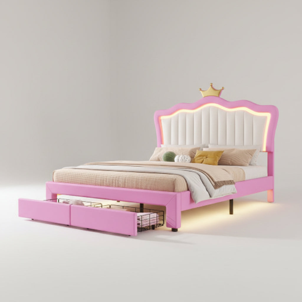 Full size princess bed frame with LED lights and crown headboard
