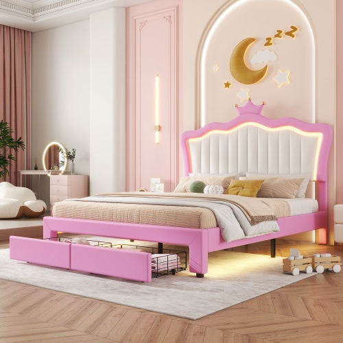 Full size princess bed frame with LED lights and crown headboard