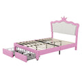 Full size upholstered princess bed frame with crown headboard, LED lights, and 2 storage drawers in pink and white