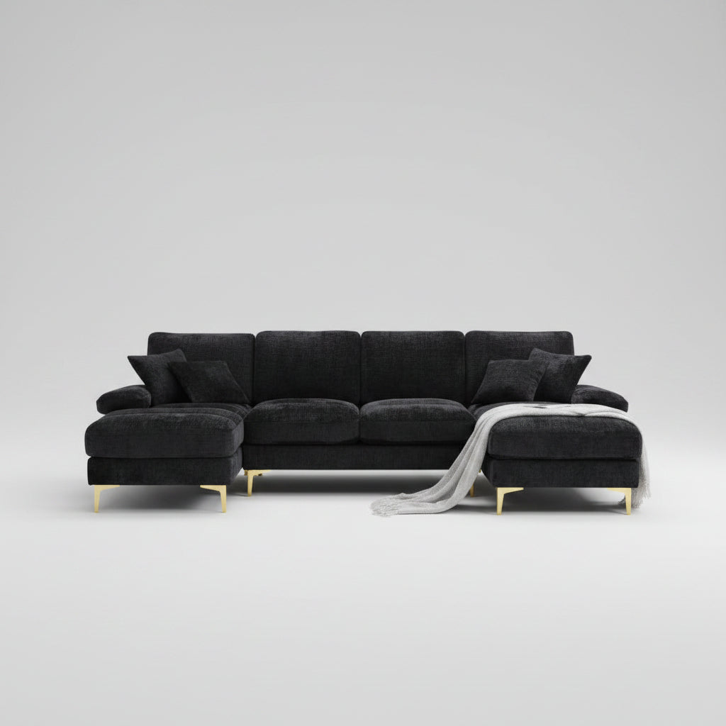 GOMYWAY modern U-shaped modular sectional sofa upholstered in premium beige chenille fabric with double chaise seating and golden legs