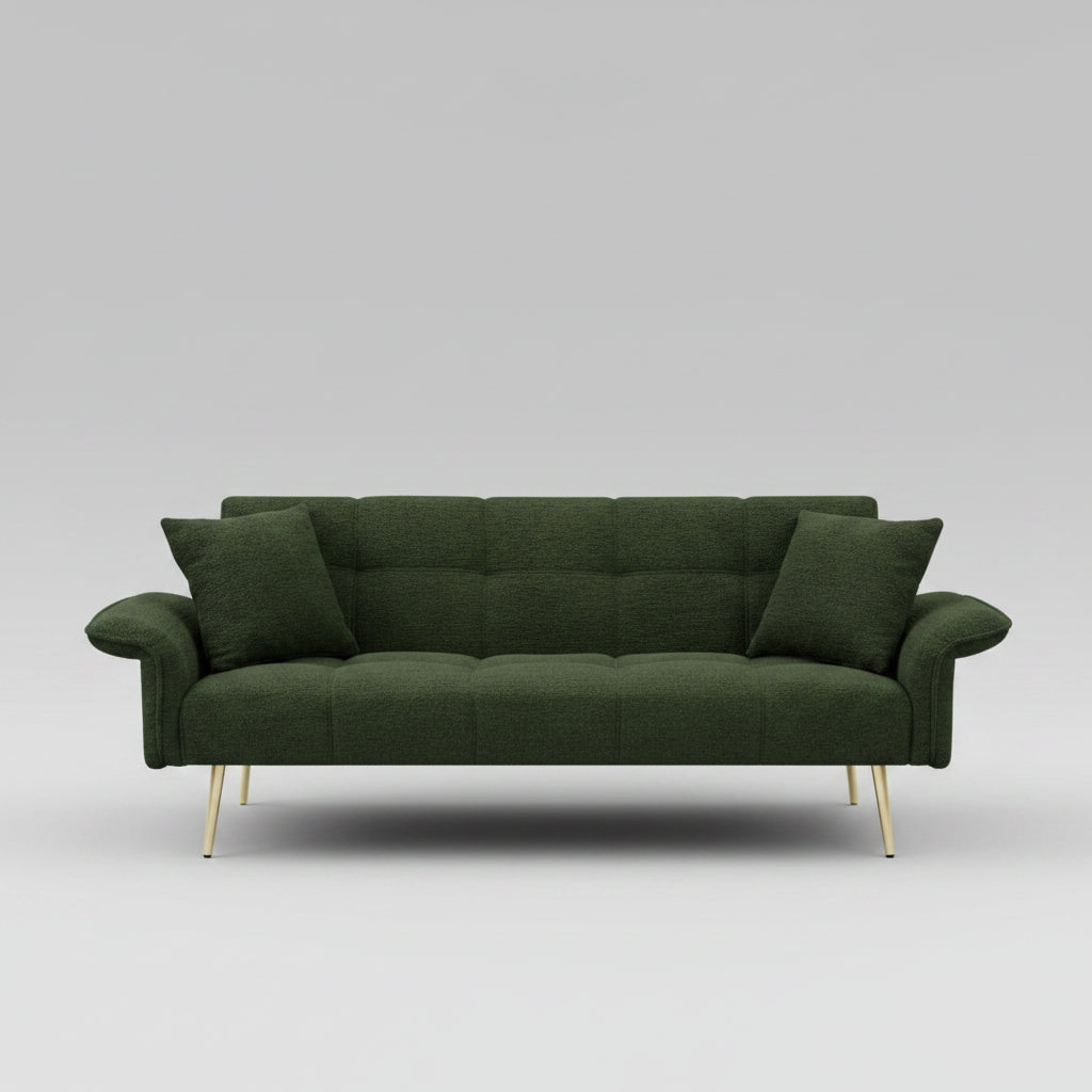 Green velvet futon sofa bed fully reclined into a flat sleeper couch