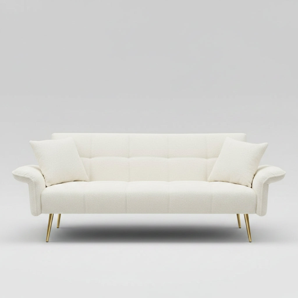 Multi-position adjustable beige velvet sleeper sofa bed crafted with a sturdy eucalyptus wood frame for studio apartments.