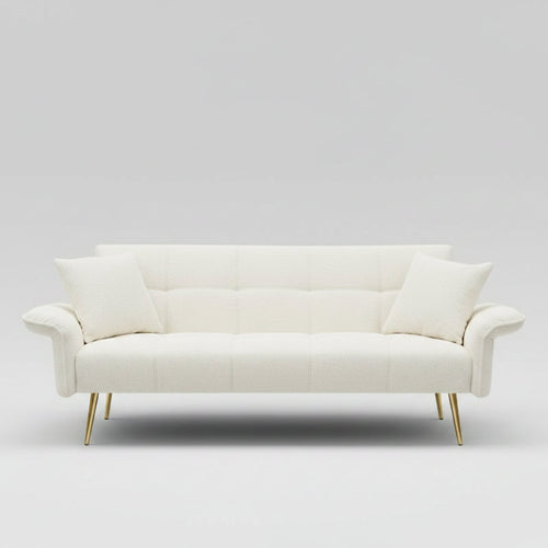 Multi-position adjustable beige velvet sleeper sofa bed crafted with a sturdy eucalyptus wood frame for studio apartments.