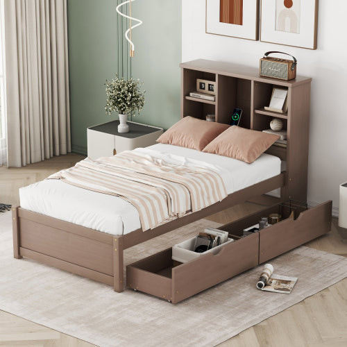 Modern twin size bed frame with USB charging port and drawers