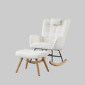 Premium upholstered modern rocking chair set featuring a matching footstool, plush neck pillow, and solid wood rocker base in a cozy nursery.