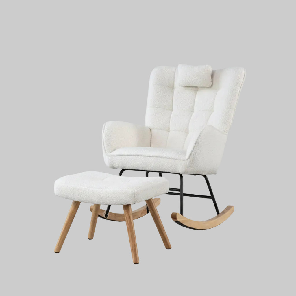 Premium upholstered modern rocking chair set featuring a matching footstool, plush neck pillow, and solid wood rocker base in a cozy nursery.