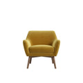 Yellow armchair in a room with blue walls, framed pictures, and a plant.