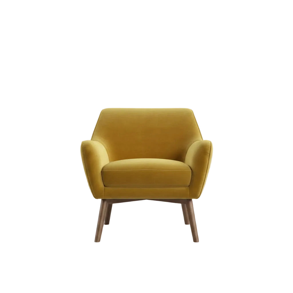 Yellow armchair in a room with blue walls, framed pictures, and a plant.