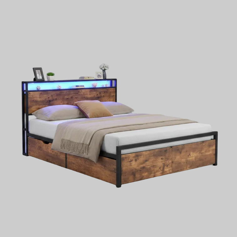 Queen size LED bed frame with storage headboard charging station and two drawers in rustic industrial style