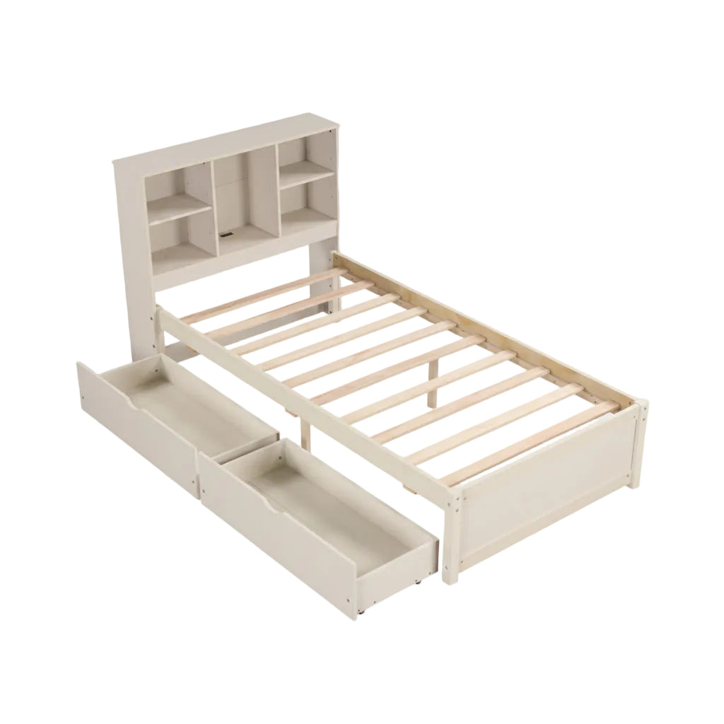 White bed frame with storage drawers and bookshelf headboard on a white background