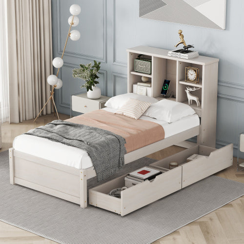 Modern twin bed frame with USB charging port in white washed finish